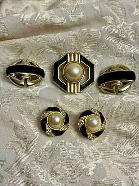Vintage 1980s Art Deco Lot Signed Donald Stannard Brooch 2 Pair Clip Earrings